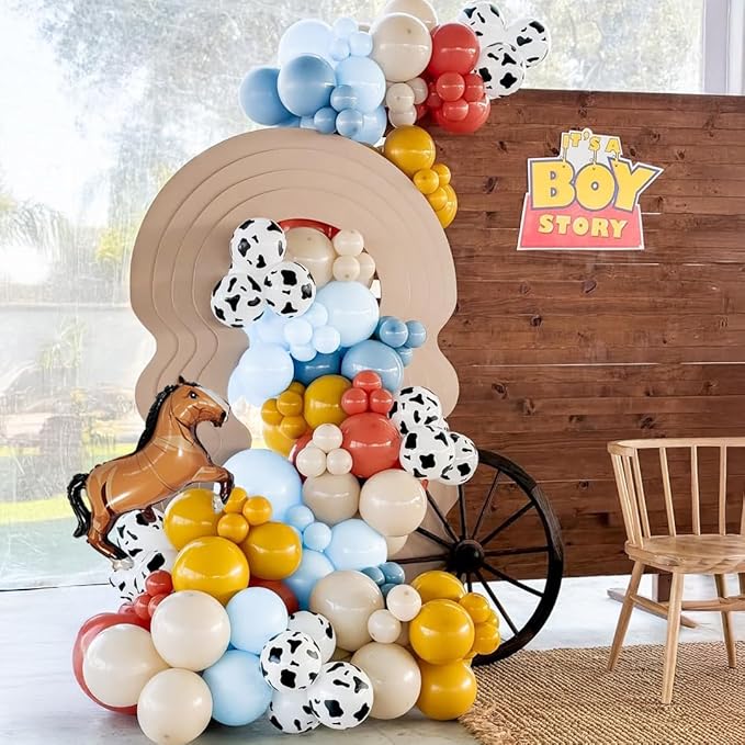 165Pcs Cowboy Balloon Arch Garland Kit with Red Yellow Blue White Cow Print Horse Balloons for Boy Story Baby Shower, Cowboy Party Supplies, First Birthday Boy Decoration, Highland Cow Garland