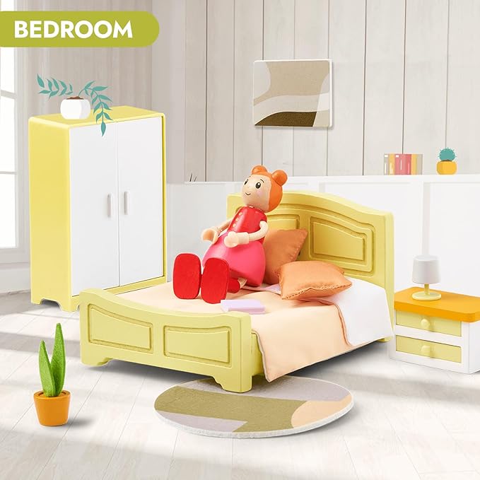 Giant bean 27pcs Green Wooden Plastic Dollhouse Furniture, Modern Living Room Bedroom Set, Dollhouse Accessories Pretend Play Furniture Toys for Boys Girls Kids & Toddlers 3+