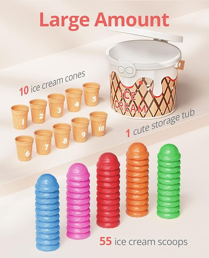 JoyCat Ice Cream Preschool Learning Activities Counting and Color Sorting Set Stacking Toys for Kids 3-5, Safety Fine Motor Skills Toy, Math Learning Resources Easter Basket Stuffers for Toddler 65PCS