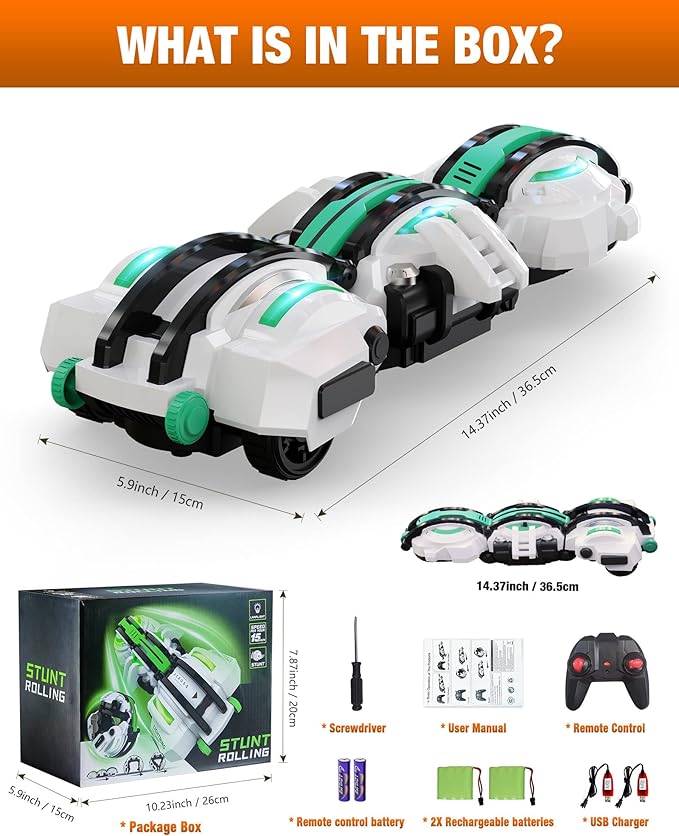 BAZADER RC Car with LED Lights - Remote Control Car Snakes 360° Roll Toy, Birthday for Kids Age 7 8 9 10 11+ Year Old, 2 Batteries 60+min, Indoor/Outdoor Toy for 6-12 yr Teen Boys
