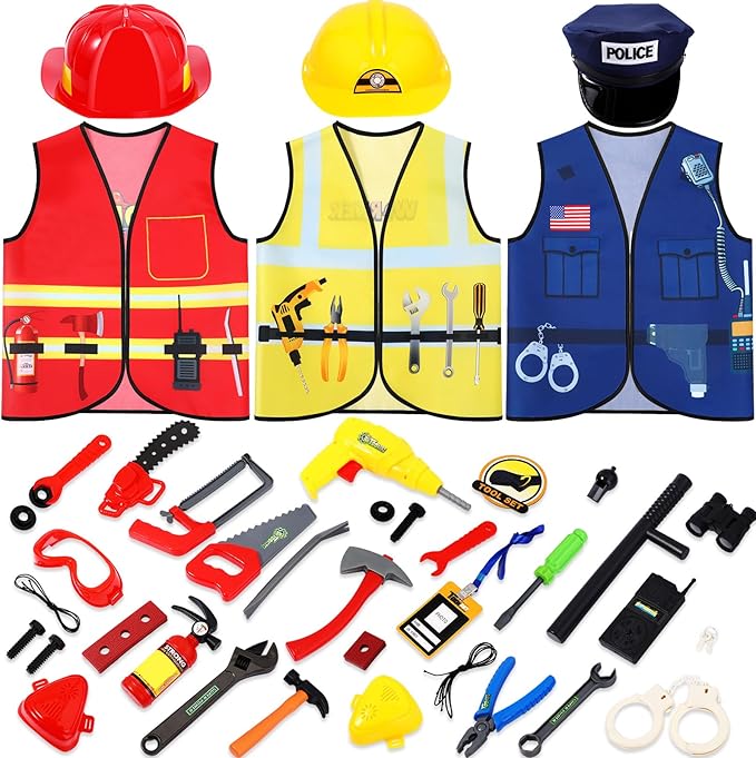 Bonuci 3 Sets Kids Dress up for Play Age 3-7 Years Old,dress up Costumes Vest Set Police,fireman and Worker for Toddler Kids Boys Pretend Role Accessories