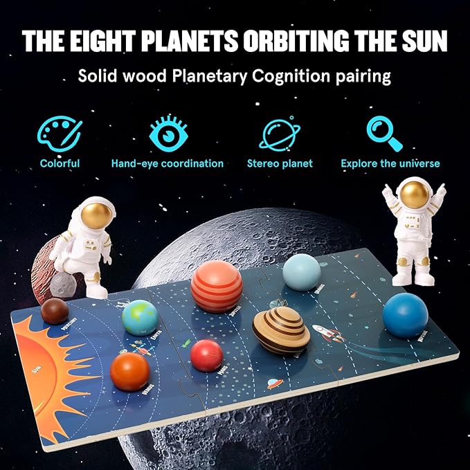 Wooden Solar System Model Board,Kids Solar System with Astronauts ,Montessori Planet Toys,Educational Planets Balls,Preschool Learning Puzzle,Space Knowledge Flash Cards Learning Toys for Kids