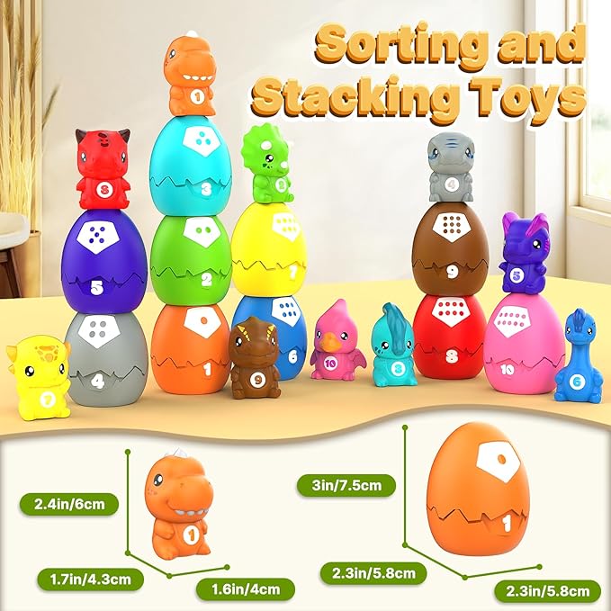 Dinosaur Baby Learning Toys for Toddlers 1-3, 20Pcs Dino Matching Egg Toys, Montessori Counting, Stacking & Sorting Fine Motor Games, Christmas Birthday Gift for Kids Boys Girls Age 12-18 Months