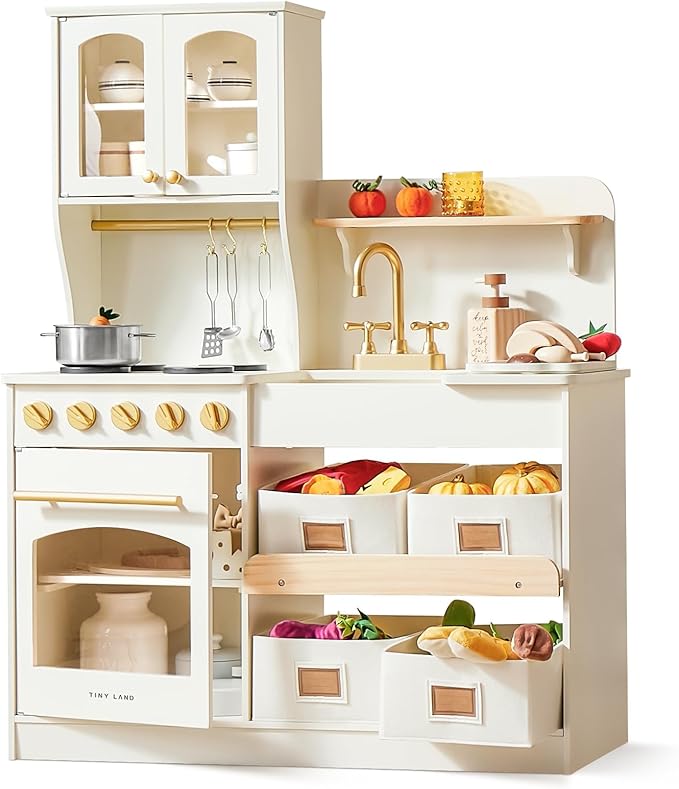 Tiny Land Play Kitchen for Kids with Storage System, Toy Kitchen Set with Plenty of Play Features Gift for Ages 3+