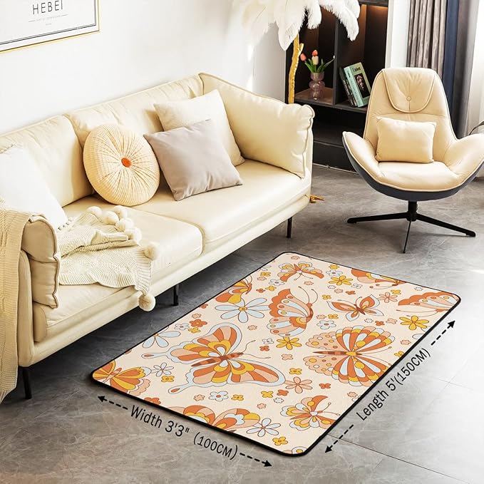 Erosebridal Retro 70S 60S Floral Hippie Area Rugs 3x5 for Kids Girls Cute Groovy Butterfly Flower Power Decorative Rug Boho Natural Flowers Rainbow Garden Botanical Washable Carpet