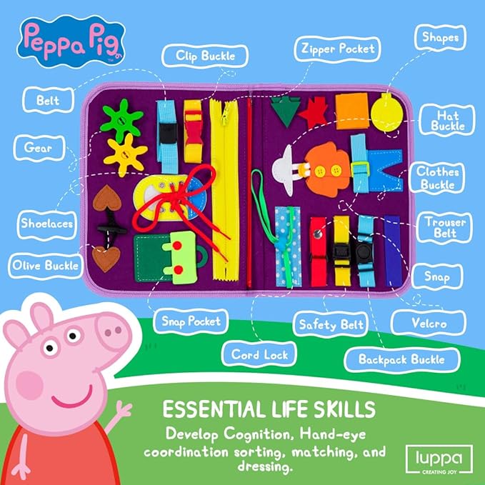 Peppa Pig Toddler Busy Board โ Montessori toys for 1 2 3 4 Year Old, Educational Activity Sensory Board for Preschool Learning Fine Motor Skills, Gift Toys for Boys Girls, Airplane Car Travel Toy