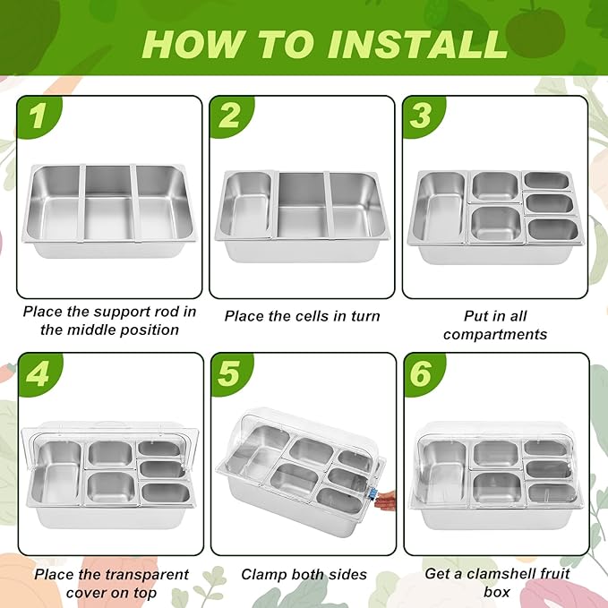 Tessco for You 16 Pcs Countertop Chilled Condiment Container Set with Lid, Stainless Steel Salad Cold Ice Food Spice Serving Display Caddy for Buffet Restaurant Kitchen Party(Mixed 6 Compartments)
