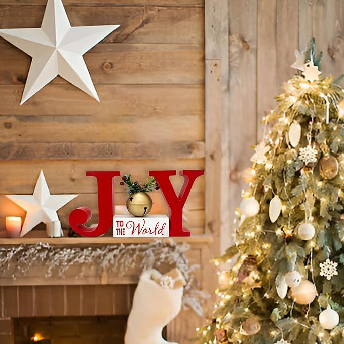 Christmas Decorations for Home Red JOY Bell Decor Farmhouse Wooden Holiday Sign Winter Rustic Vintage Block Xmas Tabletop for Kitchen Xmas Party Mantel Tiered Tray Gift Indoor Outdoor