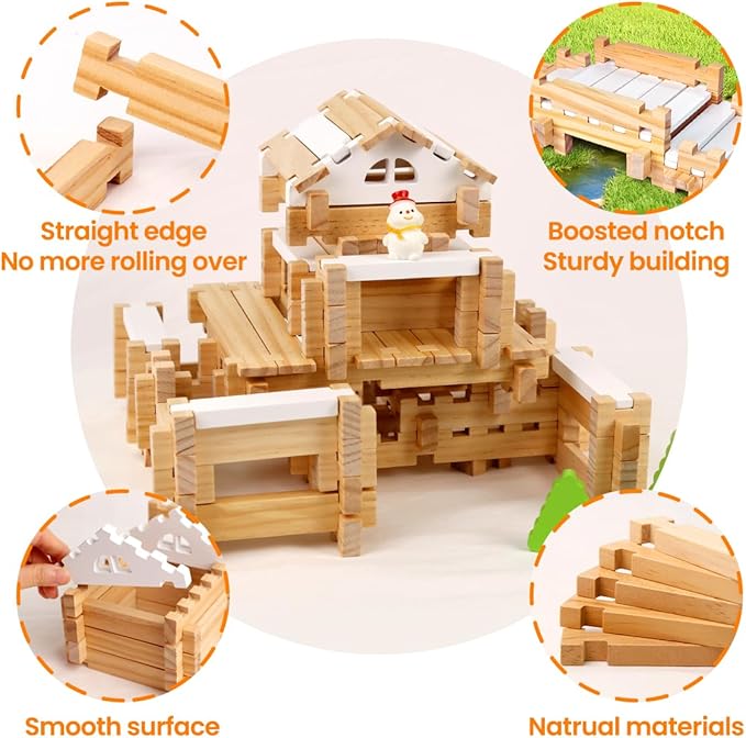 Jovi-mindly&Notchies 96 PCS Wooden Blocks Wooden Toys with Storage Bag, Preschool Learning Toys Wood Blocks Building for Kids Ages 4-8 Creative Construction Game,FSC Certified,Graduate Gifts