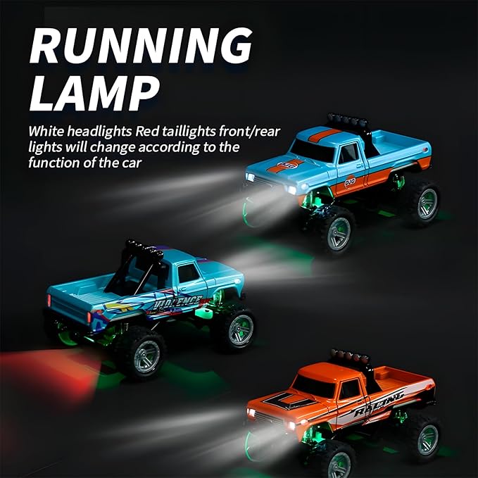 Mini Rc Truck, 1:64 Scale Monster Truck Remote Control Car with Lights, 2.4Ghz Remote Control, Mini Alloy Monster Truck Rc, Speed/Steering Adjustable (Grey)