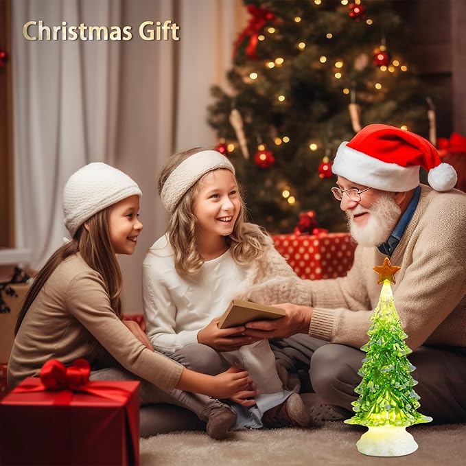 Acrylic Christmas Tree Table Decor, 12" Lighted up Christmas Tree Figurine, Battery Operated Home Decorations Gift for Indoor Holiday Party Mantel Fireplace Centerpiece Decor, Green