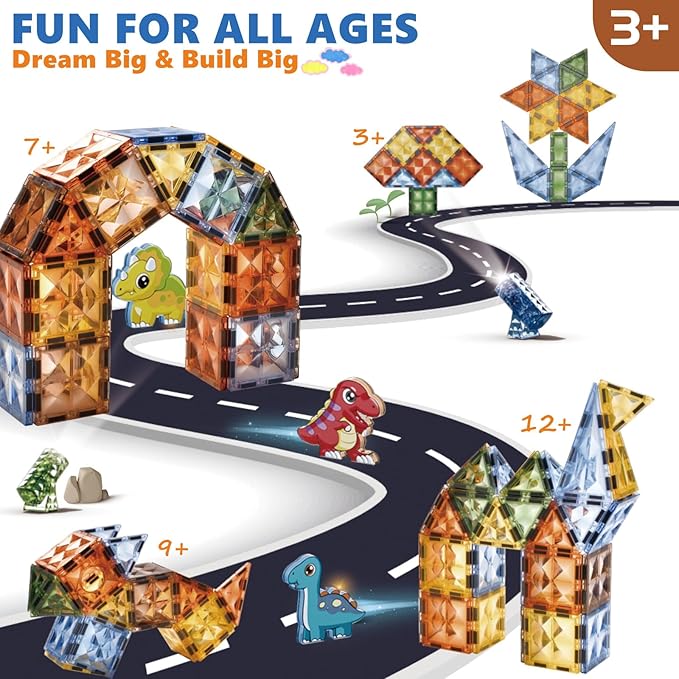 BINZKBB Magnetic Tiles Building Blocks,Lighted 3D Clear Educational STEM Construction Set,Preschool Sensory Magnet Dinosaur Creativity Toys for Kids Age 3 4 5 6 8+ Years Old Girls Boys Toddlers