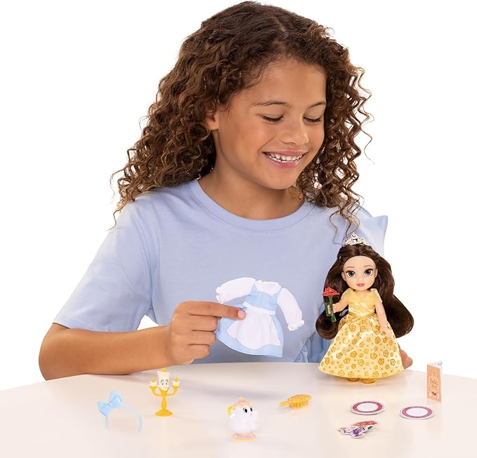 Disney Princess Belle Doll Be Our Guest Petite Belle Doll with Mrs. Potts & Lumiere, in Yellow Ball Gown and Blue Village Dress Fashions