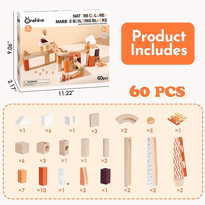 Wooden Marble Runway Blocks for Ages 3+, 60 Wooden Blocks Toys and Construction Playset, Natural Marble Track Maze Game STEM Learning Toys Boys Girls Gift (Set of 60)