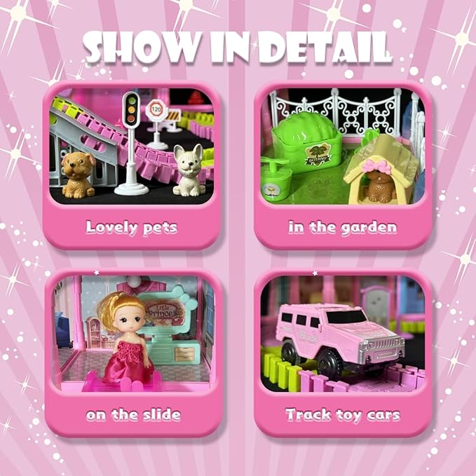 Dream Dollhouse, Racing Track, Dolls House playset with Toy Furniture and 4 Level Slide, Furniture, 1 Doll and 1 Buggy Toy and 10+ Tracks Pet and Puppy Play Area 13 Rooms