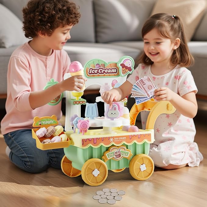 VEVOR Ice Cream Cart for Kids, 27 PCS Accessories, Pretend Play Store with Storage Trolley with Pretend Money, Sound & Light Effects, Montessori Educational Ice Cream Truck Toys for Toddlers 3+