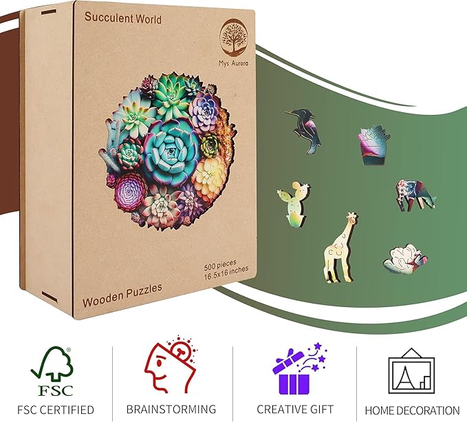 Unique Wooden Jigsaw Puzzles - Mandala Succulent Plants, 500 Pcs King Size 16.9'' x 16.3'', Luxurious Shaped Wood Puzzle, Beautiful Package, Best Gift for Adults and Kids, Family Game