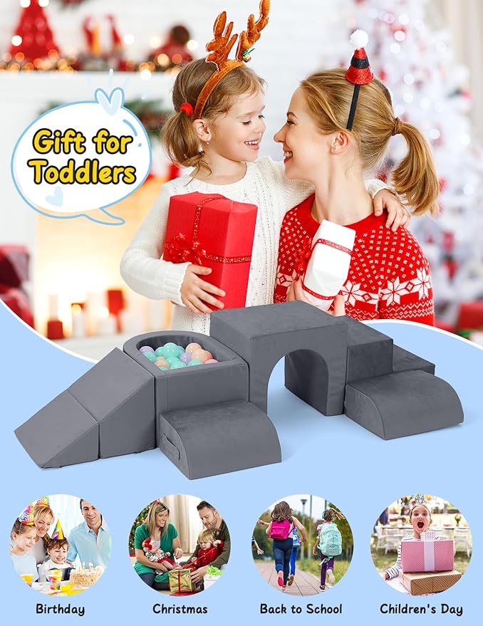 Kidirect Foam Climbing Blocks, 6 Pieces Climbing Toys for Toddlers 1-3 Inside with Baby Ball Pit &Crawling Tunnel, Soft Play Foam Blocks for Toddlers 1-3 Baby Climbing Gym for Kids' Indoor Climbers