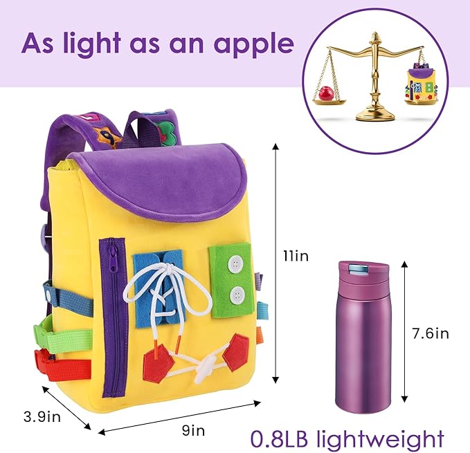 Busy Board - Toddler Backpack with Buckles and Learning Activity Toys - Develop Fine Motor Skills and Basic Life Skills - Learn to Tie Shoes - Children's Travel Toy (Yellow)