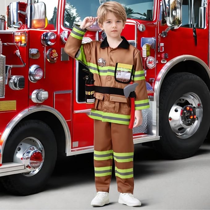 yolsun Fireman Costume for Kids, Boys' and Girls' Firefighter Dress up, Fire Fighter with Toy Accessories Halloween Role Play