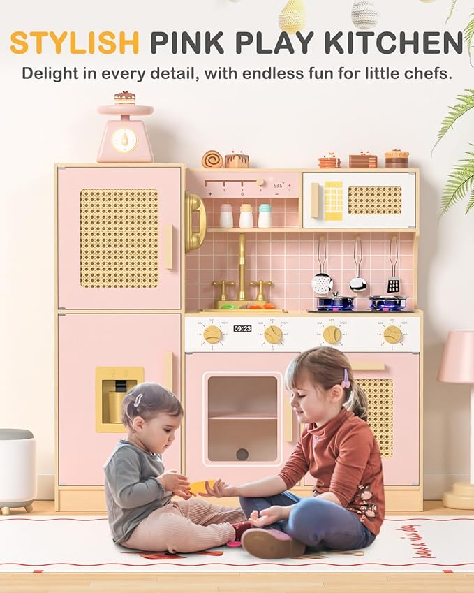 Babytronic Wooden Kitchen Playset for Kids, Pink Pretend Play Kitchen with Lights & Sounds, Retro Style Toy Kitchen for Toddlers Ages 3+, Wooden Play Kitchen Set with Realistic Design (Pink)