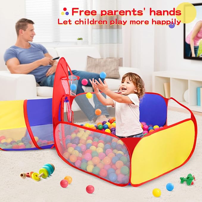 3 in 1 Kids Play Tent for Toddler with Baby Ball Pit and Play Tunnel, Children Indoor Outdoor Playhouse with Climbing Tunnel Toy for Toddlers, Boys and Girls Best Birthday Gifts