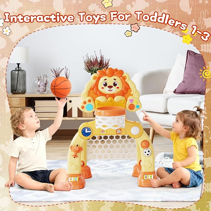 Toddler Basketball Hoop Soccer Goal for Kids 1-3, Baby Toys for 1 Year Old Boy Gifts, Kids Sports Toy with Light Sound Music, Baby Interactive Toys for Christmas Birthday Gifts for Baby(Lion)