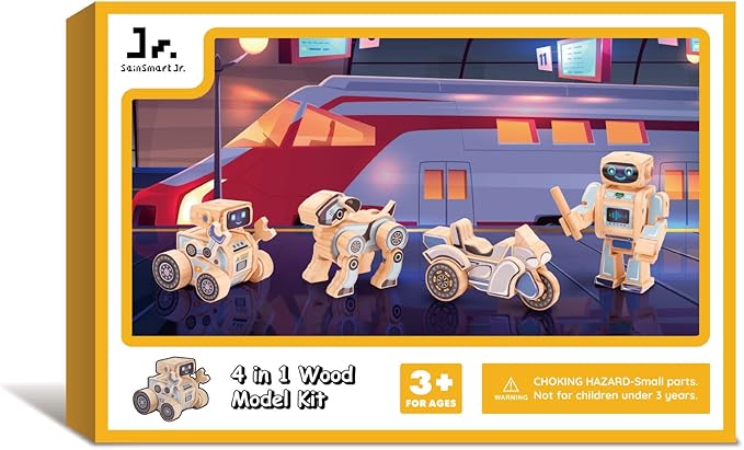 SainSmart Jr. 4-in-1 STEM Kits, Wooden Robot Assembly Toy Set, Woodworking Crafts Projects for Kids, Gift for Boys and Girls