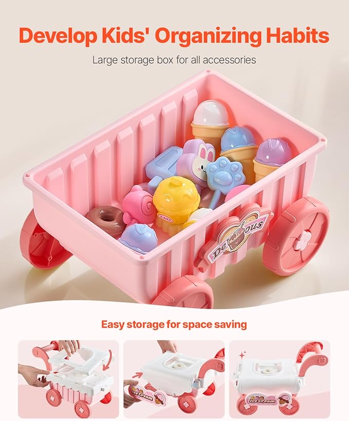 VEVOR Ice Cream Cart for Kids, 27 PCS Accessories, Pretend Play Store with Storage Trolley with Pretend Money, Sound & Light Effects, Montessori Educational Ice Cream Truck Toys for Toddlers 3+ (Pink)