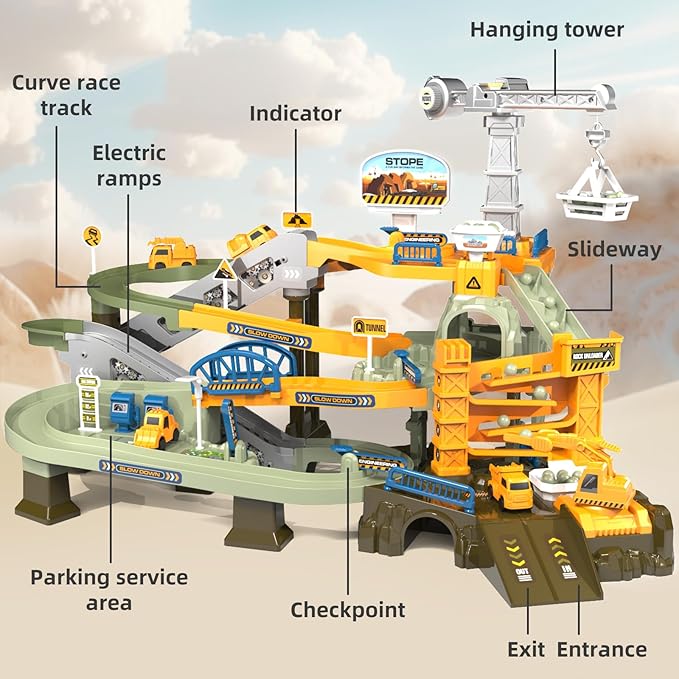 64PCS Engineering Adventure Track Set for Kids 3+ - Motorized Climbing Ladder, Rotating Crane, 4 Mini Cars, Interactive Construction Playset with Music - Safe Design, Ideal Gift