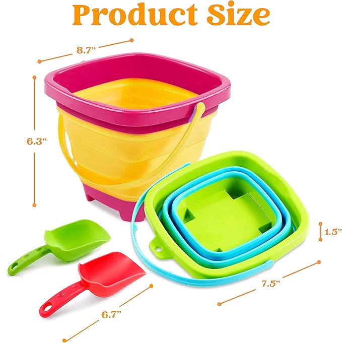 Sloosh 3 PCS Foldable Buckets with 3 Shovels Sand Water Bucket Sandbox Square Party in Summer Foldable Pail Silicone Collapsible Bucket Kids Beach Toys Travel (Yellow/Blue/Green)