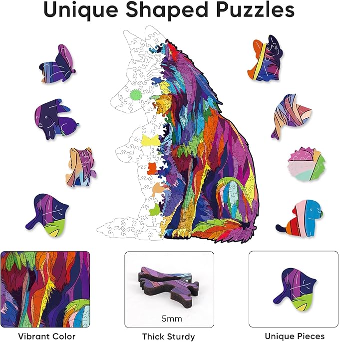Colorful Wolf Family 200 Pieces Wooden Jigsaw Puzzles for Adults Unique Irregular Shape Fun Challenging Animal Puzzles for Kids and Couples on Birthday,Children’s Day,Christmas 9.4"*13"