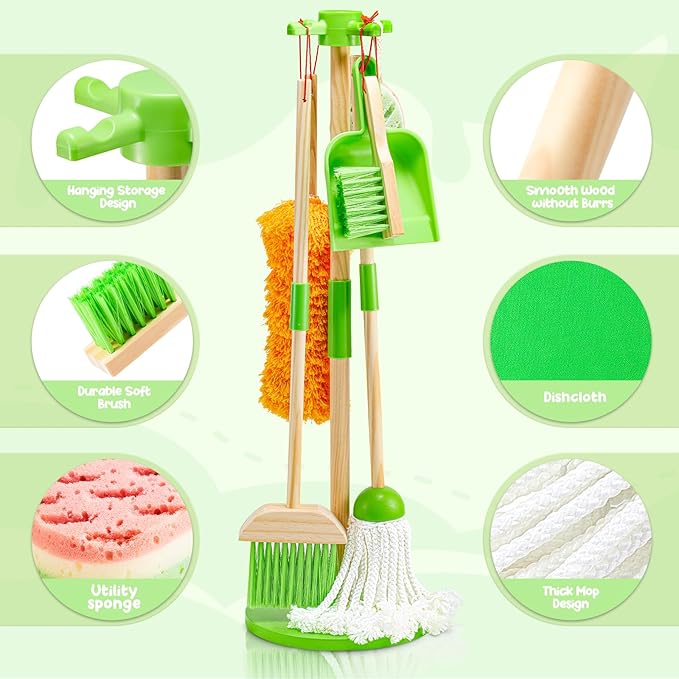 WHOHOLL Kid Cleaning Set, Wooden Toddler Broom Set for Housekeeping, 8 Pcs Kids Broom and Mop Set for Toddlers, Baby Cleaning Toys with Dustpan Sponge, Play Set for Boys and Girls (Green)
