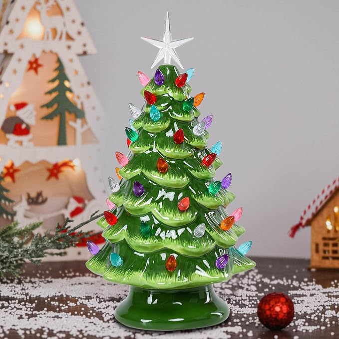 Small Ceramic Christmas Tree Hand-Painted Vintage Tabletop Green Christmas Tree Holiday Decoration with Multi-Color Lights Xmas Trees 12 inch