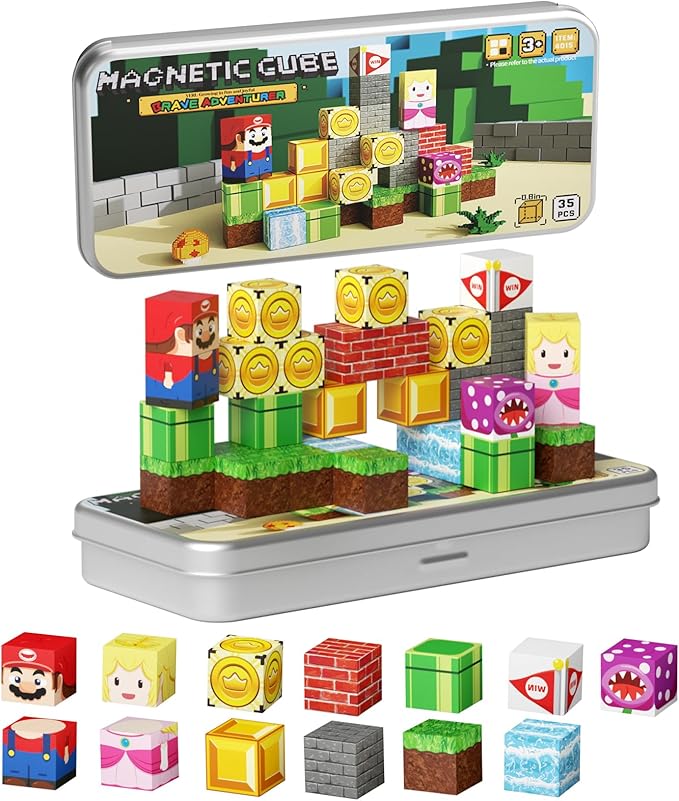 Mini Magnetic Blocks STEM Toys for Kids Ages 3-8, 35PCS Travel Building Set with Magnetic Storage Tin Box, Educational Construction Toys for Toddlers, Preschool Learning Birthday Gift for Boys & Girls