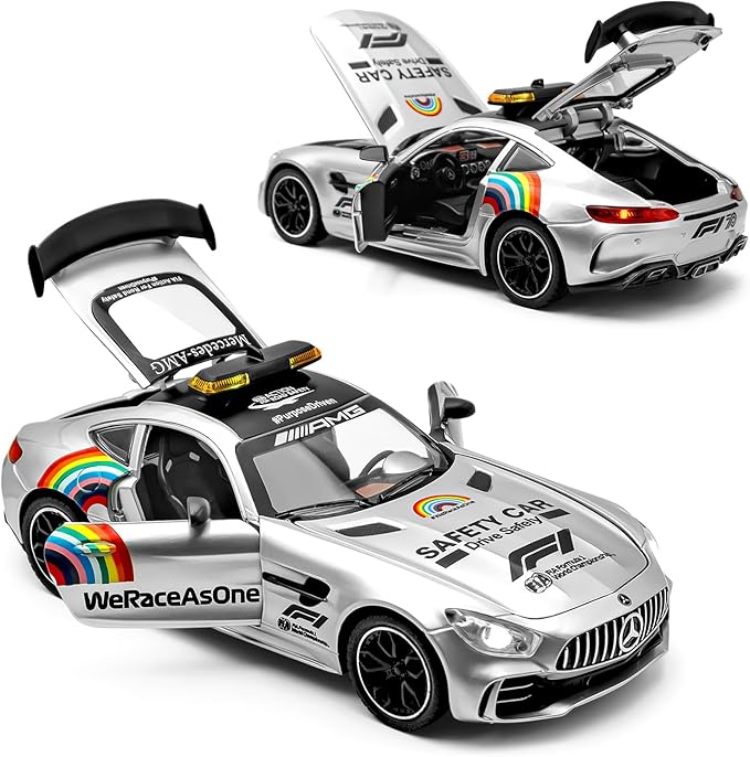 1/24 Diecast Metal Toy with Lights and Sounds, Mini Vehicles Toys Race Cars for Kids, Ages 3 and Up (Silver)