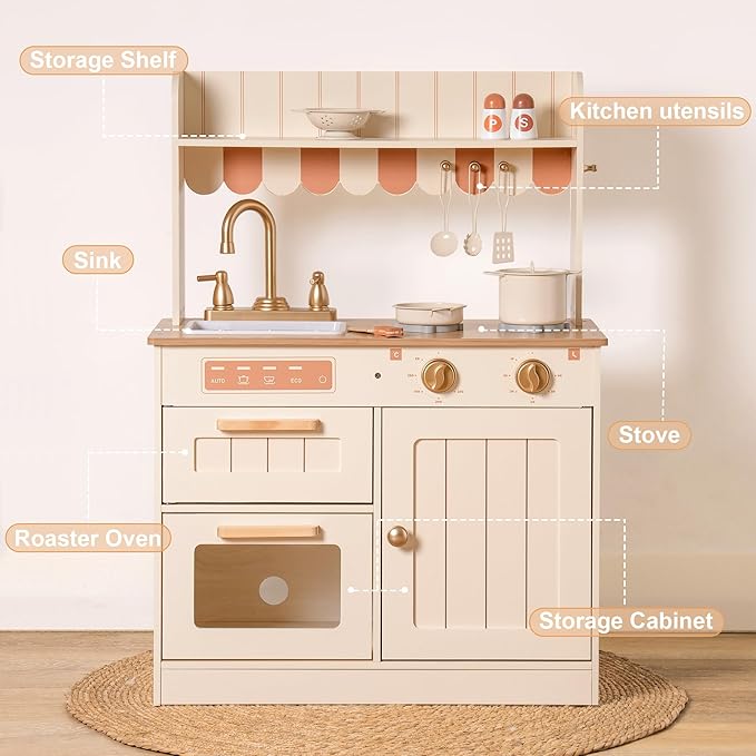 ROBUD Play Kitchen, Wooden Kids Kitchen Playset for Kids with Realistic Design, Sink, Oven, Stove, Cabinet, American Vintage Style, Age 3+