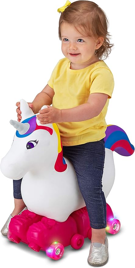 Kid Trax Silly Skaters Unicorn Toddler Foot to Floor Ride On Toy, Kids 1-3 Years Old, Soft and Inflatable, Single Rider, Light Up LED Rollerskates, White (KT1590)