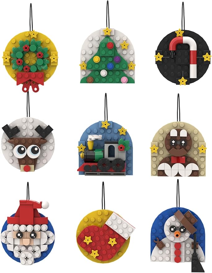 Christmas Ornaments Building Set Compatible with Lego, Christmas Tree, Wreath, Santa, Snowman, Gingerbread, Reindeer,Christmas Stocking, Small Train,Cane,Toy Gifts for Boys Girls Kids