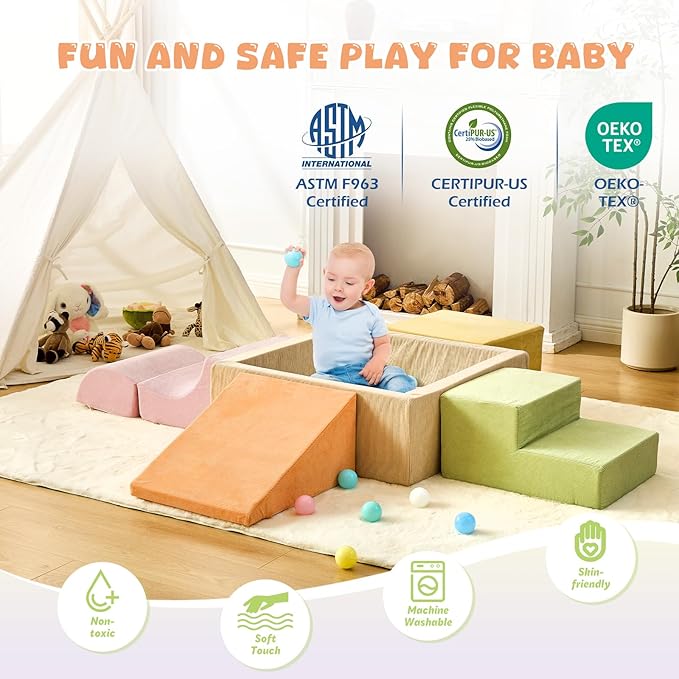 Climbing Toys for Toddlers 1-3 inside, Toddler Climbing Toys Indoor, 5-Piece Foam Climbing Blocks with Ball Pit (Balls not Included), Toddler Climber Indoor Foam Play Gym for Climbing Crawling Sliding