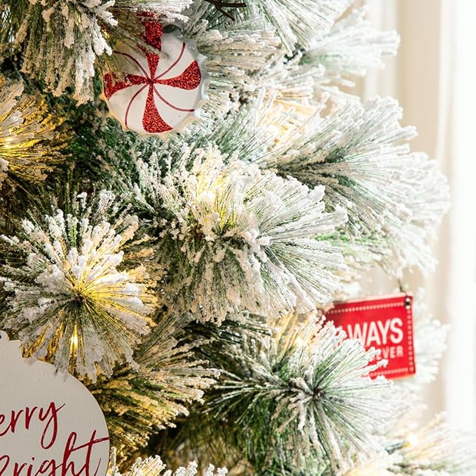 Glitzhome 7.5ft Prelit Christmas Tree, Artificial Christmas Tree with 350 Warm White Lights, Flocked Pencil Christmas Tree and Foldable Metal Stand for Home, Office, Party Decoration, Easy Assembly