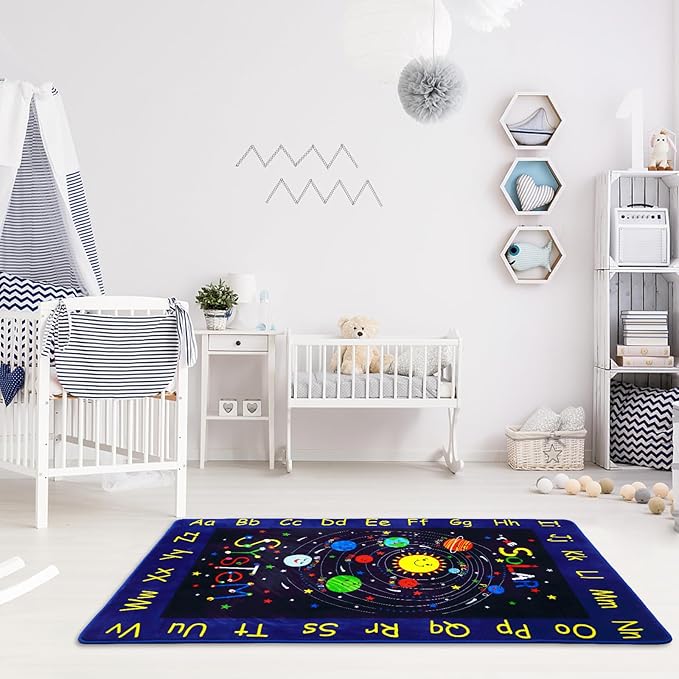Solar System Kids Area Rug 5x7 Outer Space Rugs Ultra Soft Low Pile Universe Planet Theme Kids Play Mat Non Slip ABC Alphabet Educational Toddler Carpet for Classroom Bedroom Playroom Blue