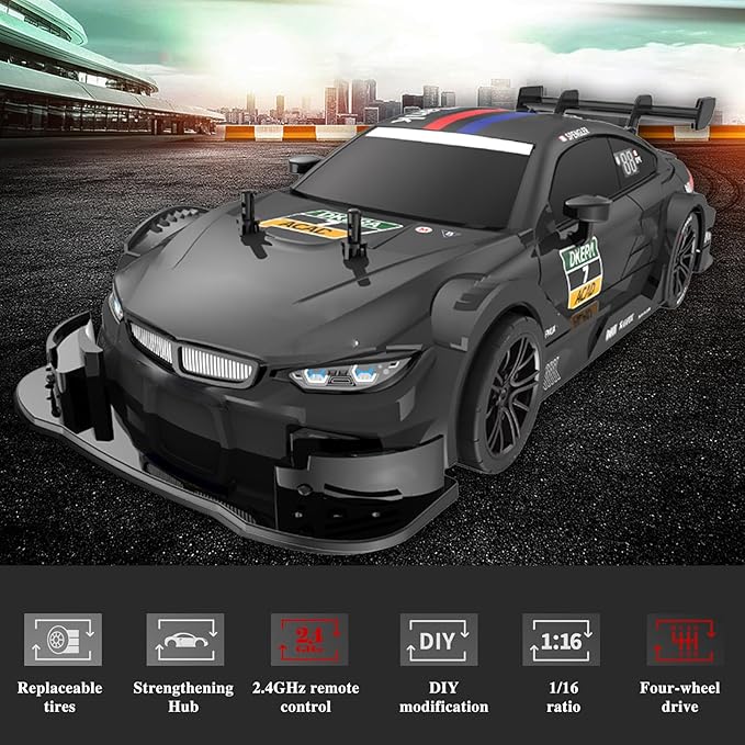 RC Drift Car, 1:16 Scale 4WD LED RC Car - 2.4GHz 40km/h High Speed Racing Sport Toy for Boys & Girls (Black)
