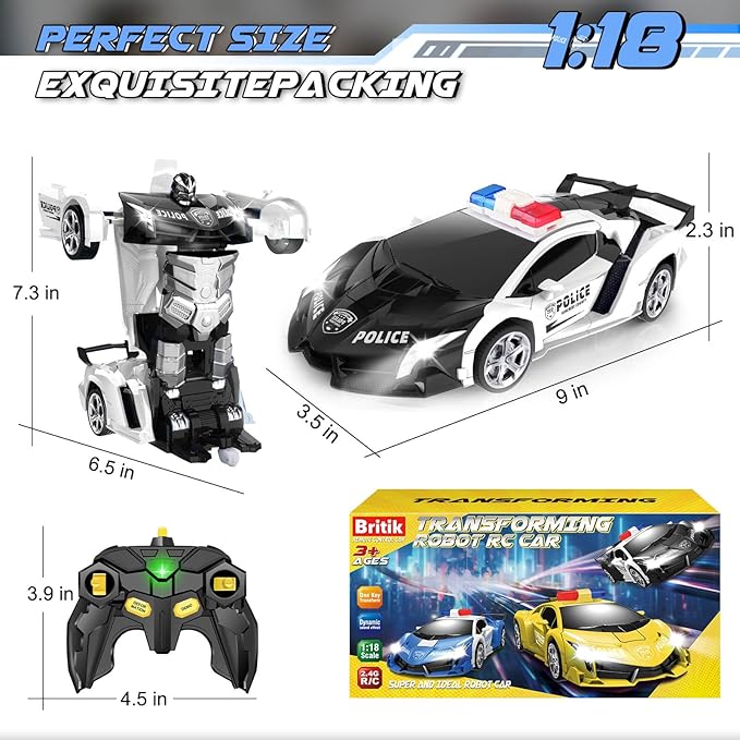 Transform Remote Control Car - Rc Cars, One-Button Transforming, 360° Rotation Drifting, 2.4ghz 1:18 Scale, Gift Kids Aged 4-6 Year Old Boys/Girls, Police Car Black