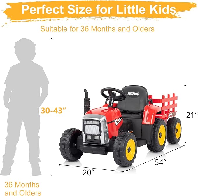 JOYMOR Ride on Tractor with Remote Control, 25W Motors Electric Tractor with Trailer for Toddler, 12V Battery Powered Ride on car Toy for Boys and Girls