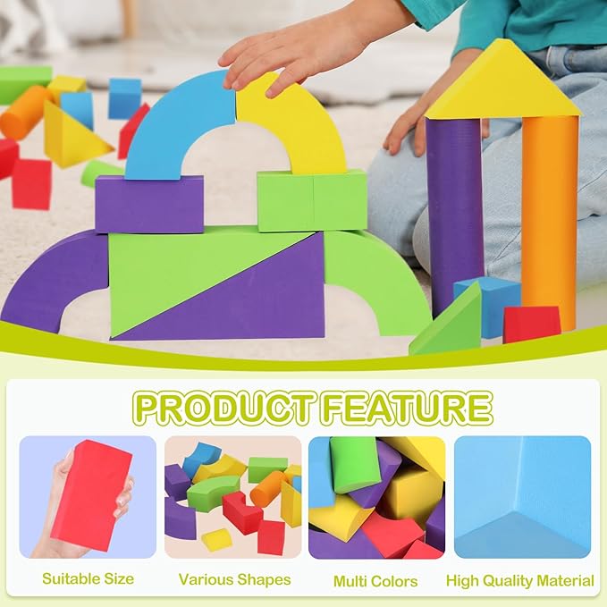 45PCS Large Foam Blocks EVA Soft Stacking Foam Building Blocks Jumbo for Kid Toddlers 3-5, Great Construction Preschool Toy with Shapes & Color Learning for Home School Education Play