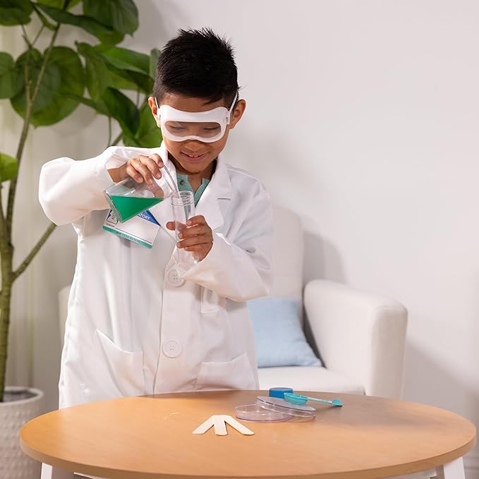 Melissa & Doug Scientist Role Play Costume Set (X pcs) - Lab Coat, Goggles, 6 Experiments