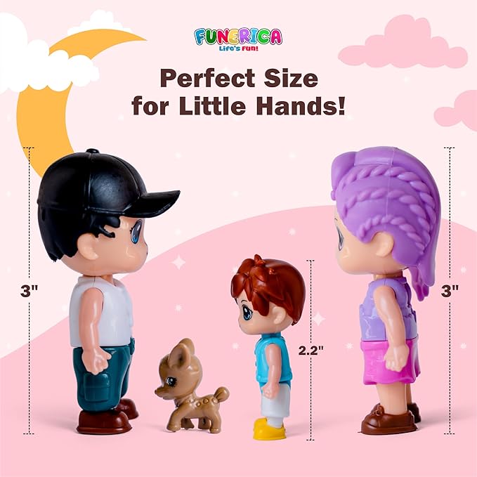 Funerica Dollhouse People, 8 Family Figures and Pets Playset - Bendable Little People Figures - Perfect for Imaginative Fun and Dollhouse Play - Play Doll House Accessories