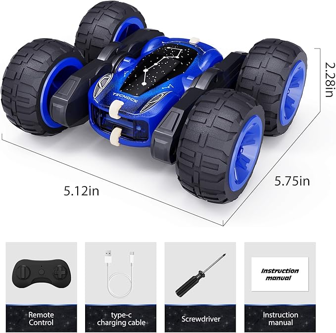 Tecnock Remote Control Car, 2.4GHz RC Cars with USB-C Easy Charging, 4WD Double Sided 360° Rotates and Flips RC Stunt Car, Toys Gift for Boys and Girls Ages 6-8, 8-12