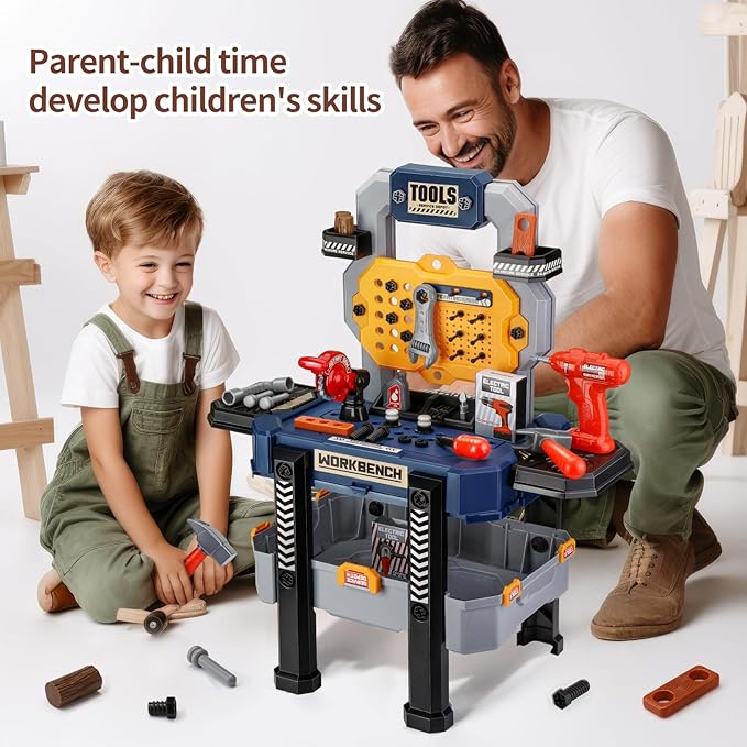 Deejoy Kids Bench with Realistic Tools & Electric Drill, 79 Pcs Realistic Toy Tools with Clothes, Toddler Learning Gift for Boys & Girls Age 3-5 (Blue) 32x26.6x14.4 in